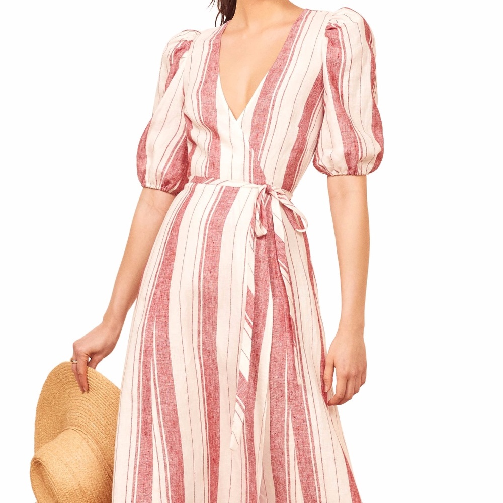 REFORMATION RED WHITE STRIPED MIDI WRAP DRESS